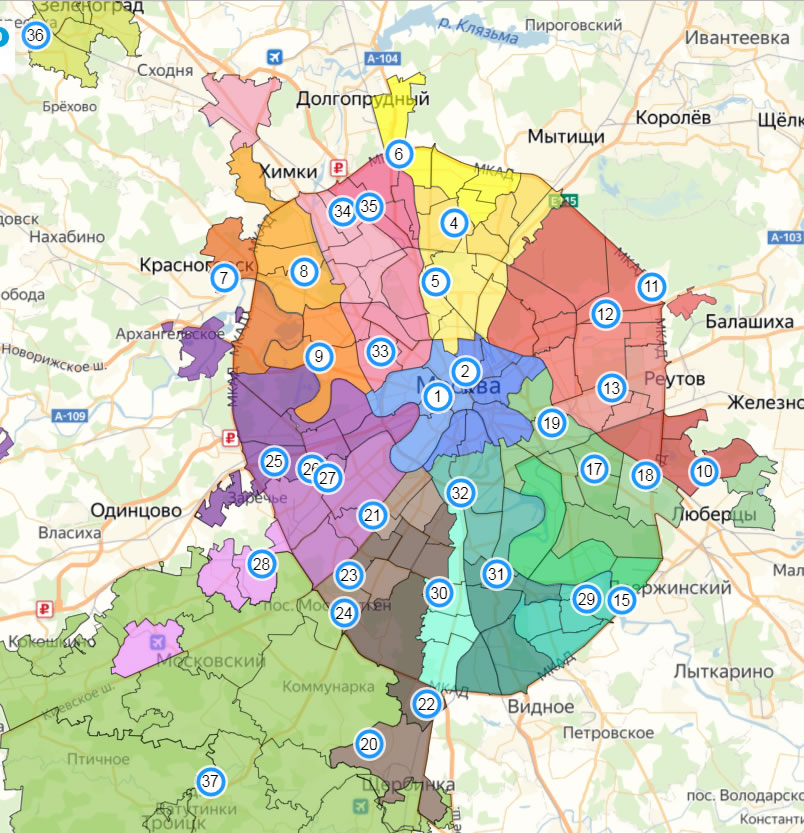 Карта Москвы с отмеченными IT классами по всем районам