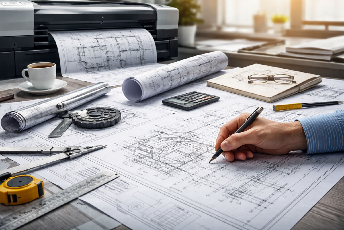 Фотореалистичное изображение инженерного стола с техническими чертежами, инструментами для проектирования и печатью чертежей на широкоформатном принтере.