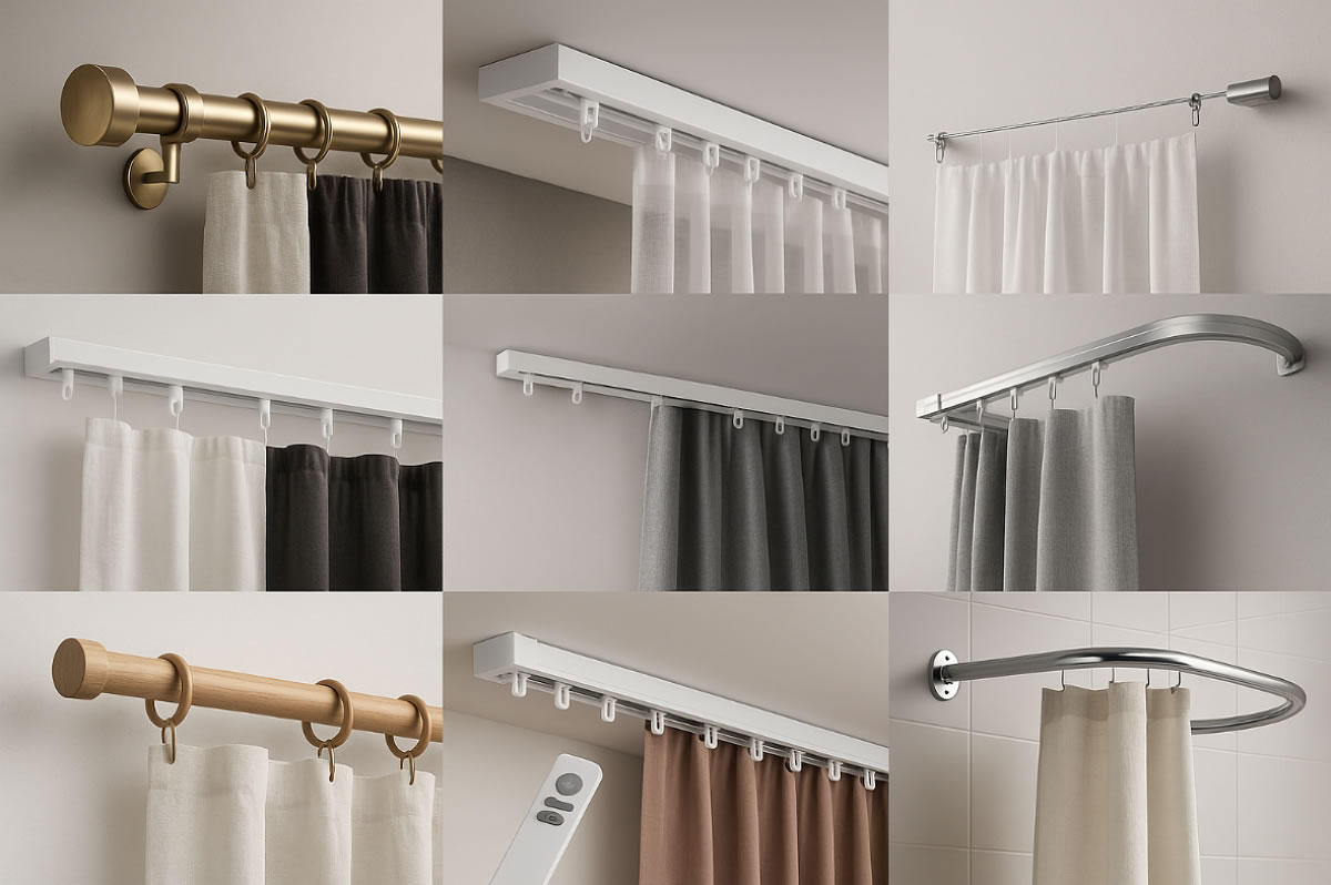 Разного вида карнизы со шторами