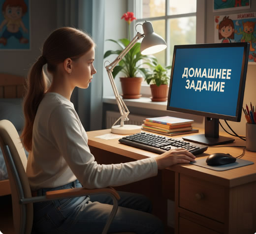 Школьница делает домашнее задание за компьютерным столом