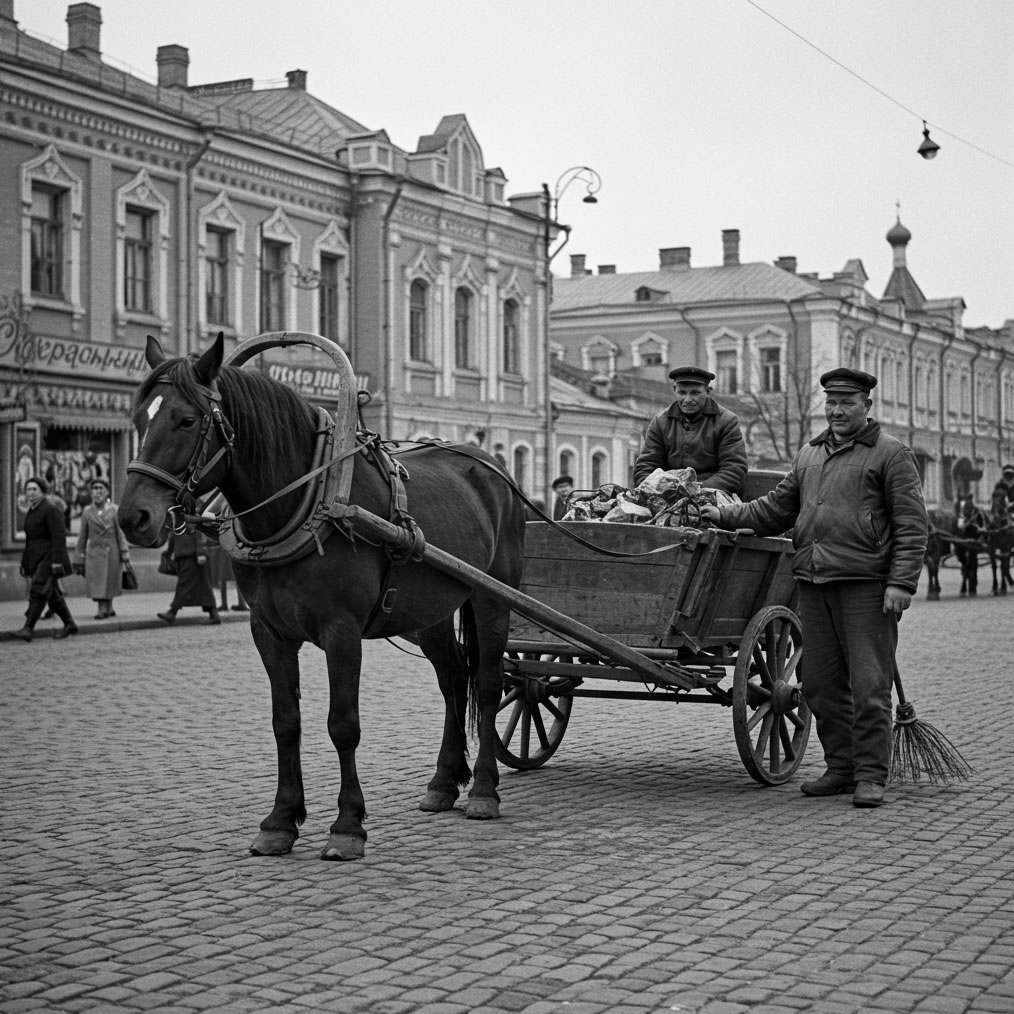 Сбор мусора в дореволюционной Москве с помощью гужевого транспорта