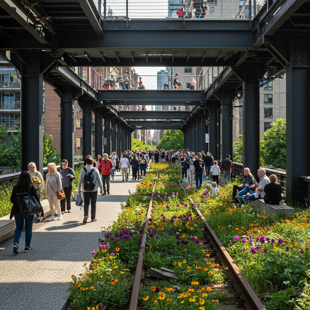 Практически в центре Нью-Йорка находится Парк High Line - урбанистическое решение слияния большого города и природы