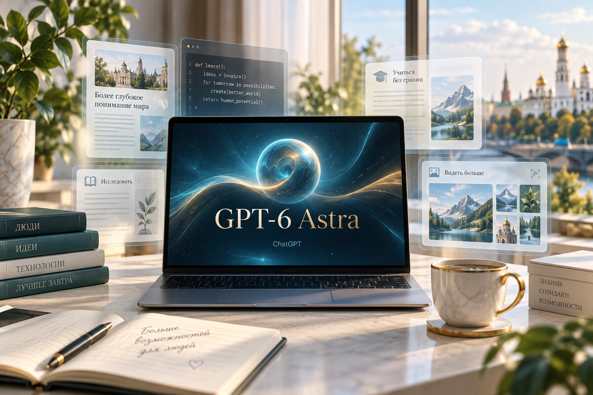 GPT-6 Astra: концептуальная иллюстрация работы с исследованиями, обучением и кодом GPT-6 Astra: концептуальная иллюстрация работы с исследованиями, обучением и кодом