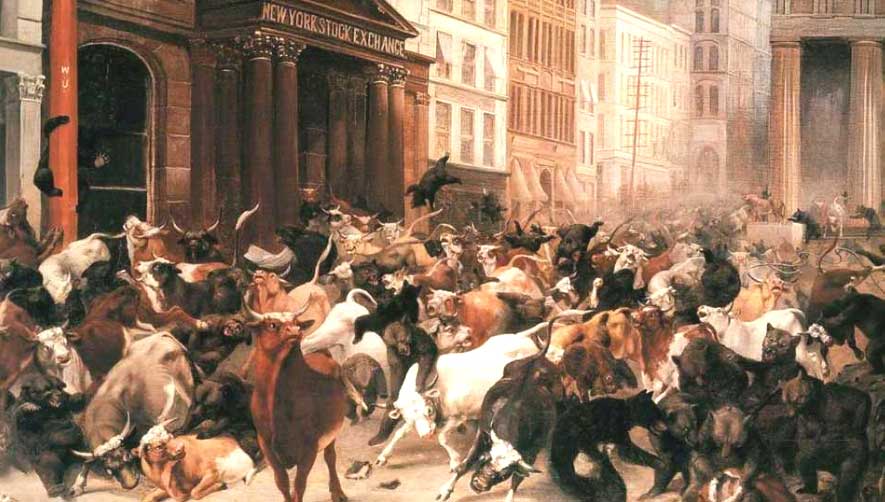 На рисунке Уильяма Холбрука Берда битва быков и медведей у входа в здание Нью-Йоркской фондовой биржи.